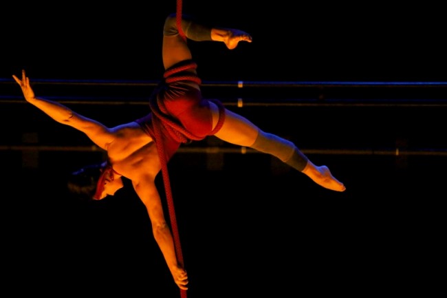 Joe Rondone / RedEye PhotoA member of The Acrobatic Conundrum performs aerial stunts during the 2014 Contemporary Circus Festival at the Athenaeum Theatre in Lakeview.